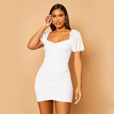 I Saw It First Mesh Ruched Puff Sleeve Bodycon Dress