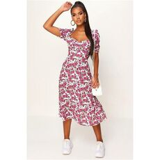 I Saw It First Woven Floral Print Puff Sleeve Button Front Midi Dress
