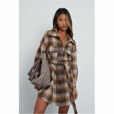 I Saw It First Woven Check Print Drop Shoulder Belted Oversized Shirt Dress