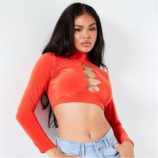 I Saw It First Slinky Long Sleeve High Neck Chain Detail Crop Top