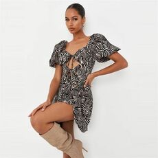 Missguided Tie Front Puff Sleeve Mini Dress