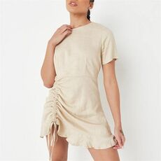 Missguided Ruched Side Frill Linen Look Mini Dress