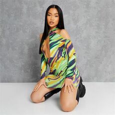 I Saw It First Petite Printed Wrap Over Halterneck Long Sleeve Mini Dress