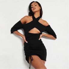 I Saw It First Recycled Blend Rib Ruched Cut Out Halterneck Mini Dress