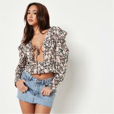 Missguided Petite Floral Print Tie Front Puff Sleeve Peplum Top