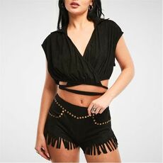 Missguided Faux Suede Wrap Around Crop Shirt