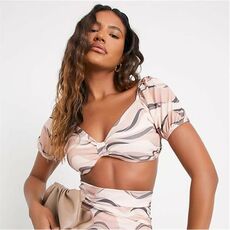 I Saw It First Abstract Tie Front Puff Sleeve Crop Top