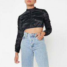 Missguided Petite High Neck Ruched Satin Crop Top