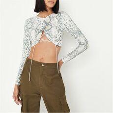 Missguided Snake Print Diamante Lace Up Crop Top