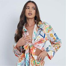 I Saw It First Satin Scarf Print Knot Front Shirt