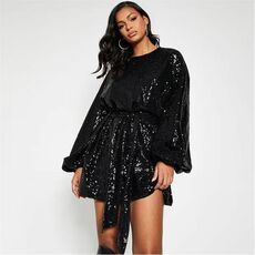 I Saw It First Sequin Balloon Sleeve Tie Wasit Skater Dress