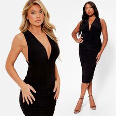 I Saw It First Plunge Cross Back Ruched Bodycon Midi Dress