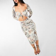 Missguided Renaissance Print Tie Front Cut Out Ruched Midaxi Dress