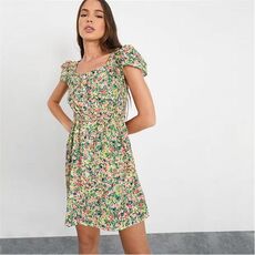I Saw It First Woven Crinkle Floral Print Button Front Skater Dress
