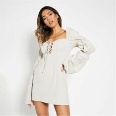 I Saw It First Woven Lace Up Puff Sleeve Mini Dress