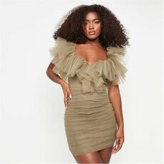 Missguided Plunge Tulle Ruched Mini Dress