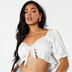 I Saw It First Satin Tie Front Puff Sleeve Crop Blouse