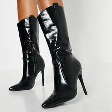 I Saw It First Western Detail Stiletto Mock Croc Faux Leather Ankle Boots