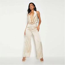 I Saw It First Satin Extreme Plunge Drape Cowl Wide Leg Jumpsuit