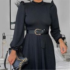 I Saw It First Ribbed High Neck Balloon Sleeve Swing Dress