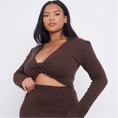 I Saw It First Plus Size Knot Front Flared Sleeve Knitted Crop Top