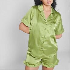 Missguided Satin Frill Detail Shirt and Shorts Pyjama Set
