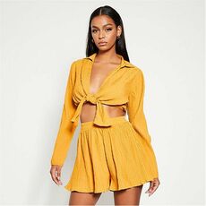 I Saw It First Long Sleeve Collared Tie Front Plisse Crop Top Co-Ord