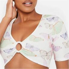 I Saw It First Butterfly Print Ring Detail Crop Top
