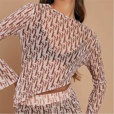 I Saw It First ISAW Monogram Mesh Crew Neck Asymmetric Long Sleeve Top