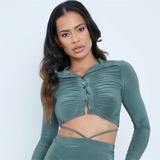 I Saw It First Slinky Long Sleeve Ruched Button Up Collared Crop Top