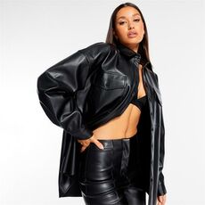 Missguided Pleated Cuff Pocket Faux Leather Shirt