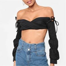 I Saw It First Wrap Front Crop Top With Puffed Sleeves