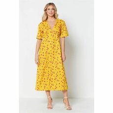 Studio Sleeve V Neck Yellow Ditsy Midi Dress