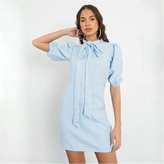 I Saw It First Gingham Print Pussy Bow Puff Sleeve Bodycon Dress