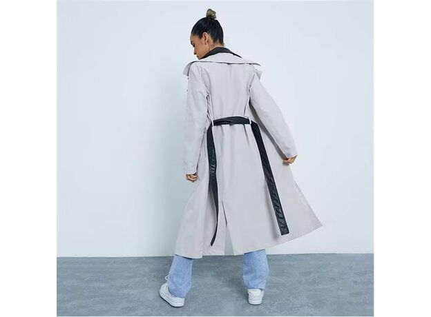 I Saw It First Premium Faux Leather Contrast Detail Maxi Length Trench Coat With Self Tie Belt_2