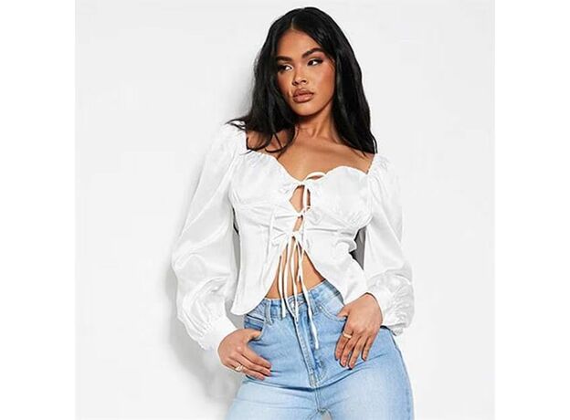 I Saw It First Satin Tie Front Milkmaid Style Blouse