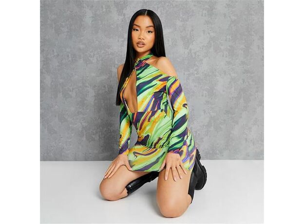 I Saw It First Petite Printed Wrap Over Halterneck Long Sleeve Mini Dress