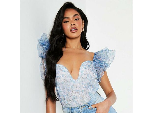 I Saw It First Floral Mesh Frill Sleeve Bodysuit