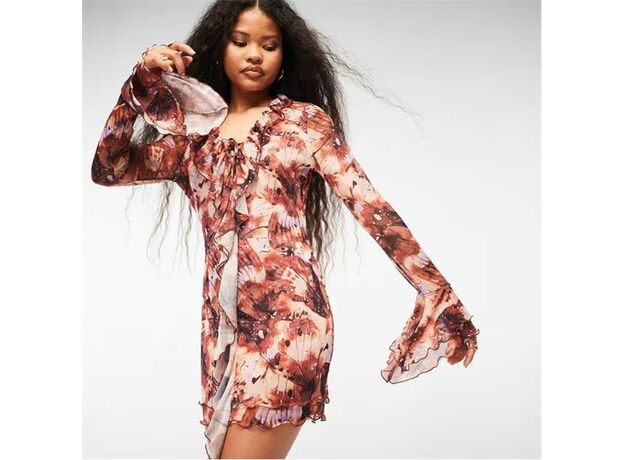 Missguided Abstract Print Lace Up Ruffle Mesh Mini Dress_3