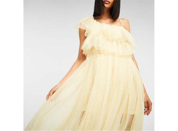 Missguided Tulle Tiered Asymmetric Shoulder Ruffle Maxi Dress_0