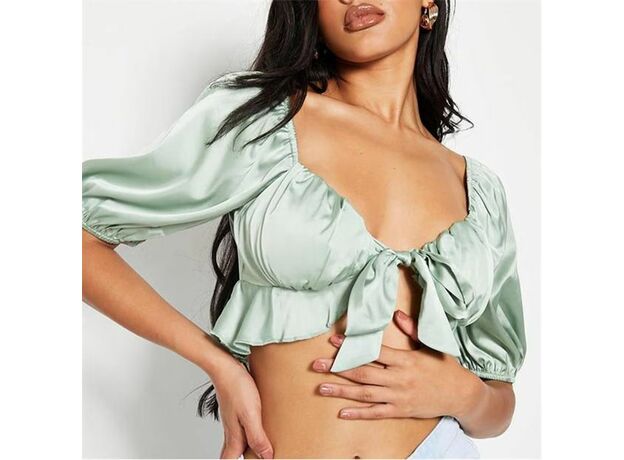 I Saw It First Satin Tie Front Puff Sleeve Crop Blouse_0