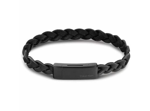 Calvin Klein Gents Calvin Klein black leather and black IP magnetic closure bracelet.