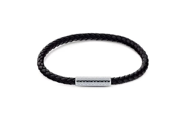 Calvin Klein Gents Calvin Klein black leather and stainless steel single wrap  bracelet.