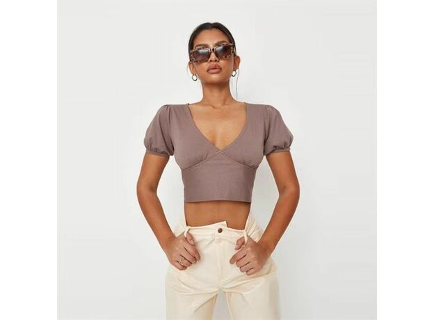 Missguided Puff Sleeve Open Tie Back Crop Top_0